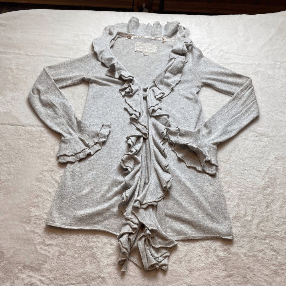 Ti Mo Oslo Norway Womens XS Silk Cashmere Cotton Ruffle Cardigan Sweater Gray